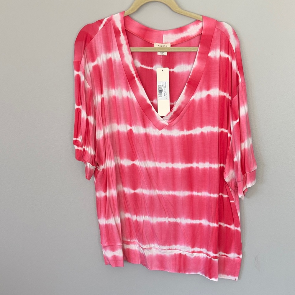 Yelete Pink and White Tie-Dye V-Neck Tunic